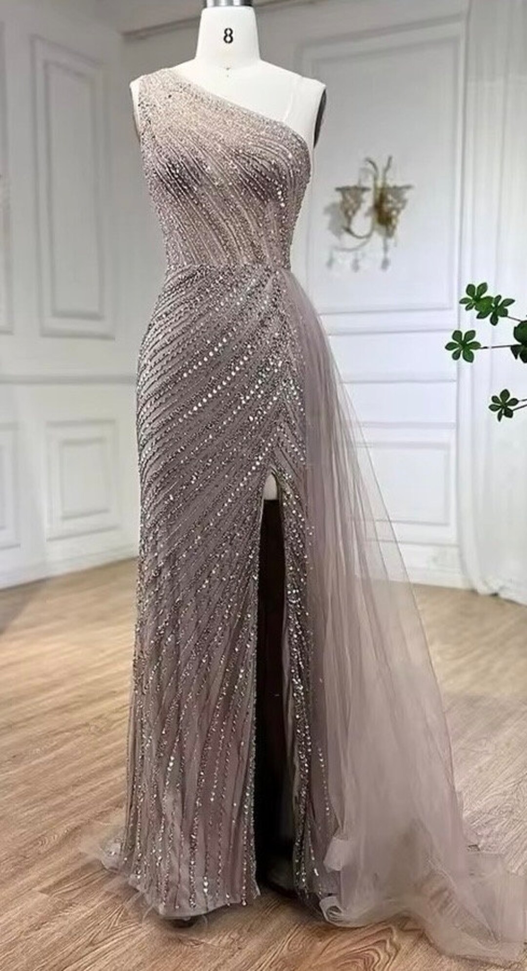 Beaded Off-the-shoulder A-line Dress With Slit Champagne