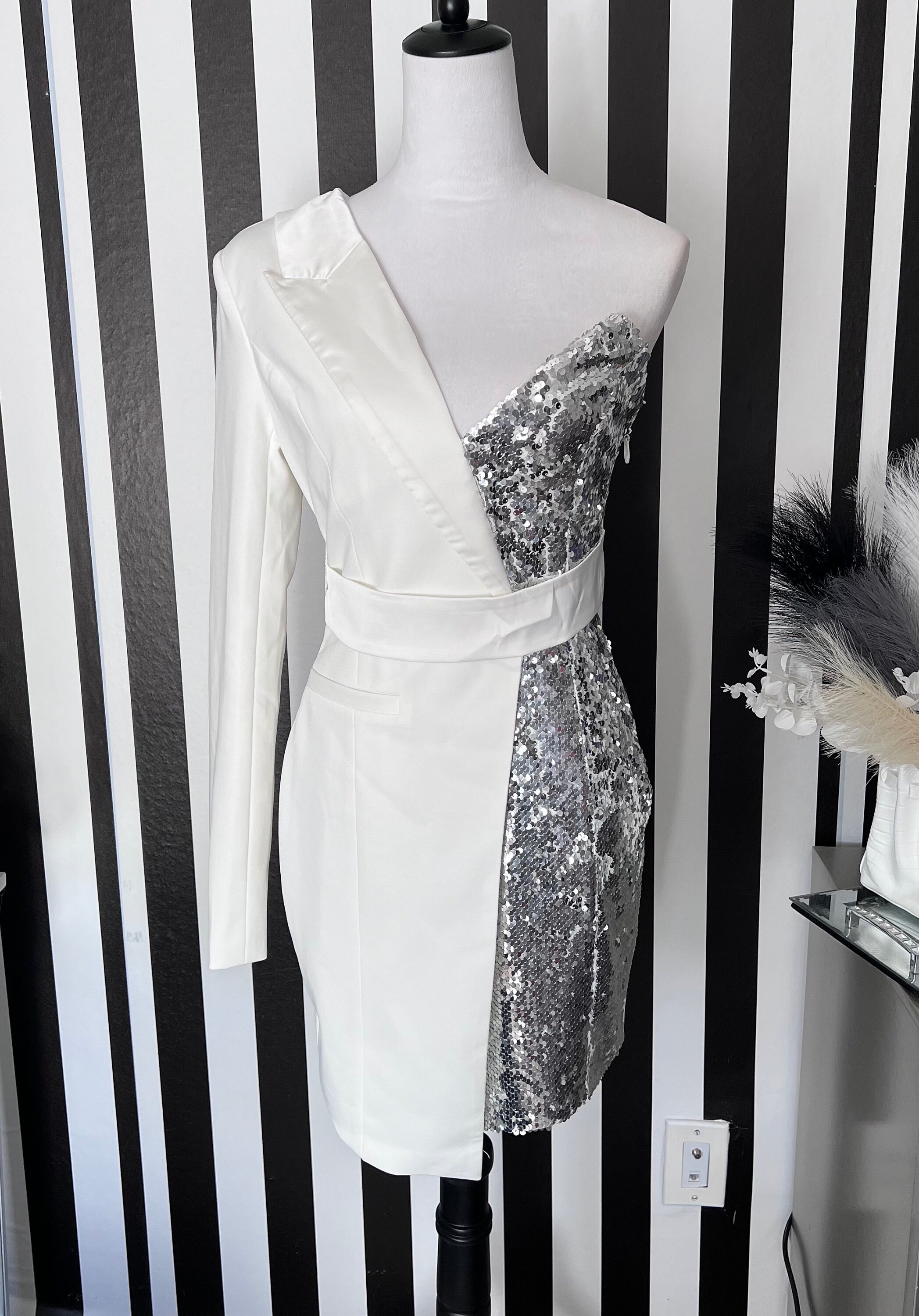 silver sequin tuxedo dress Crepe Tuxedo Dress Half Blazer Half Sequin Dress SILVER NIGHT BLACK ONE SLEEVED SEQUIN CREPE TUXEDO