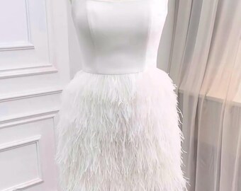White Sleeveless Square Neck Backless V Back Ostrich Feather Skirt Mini Dress