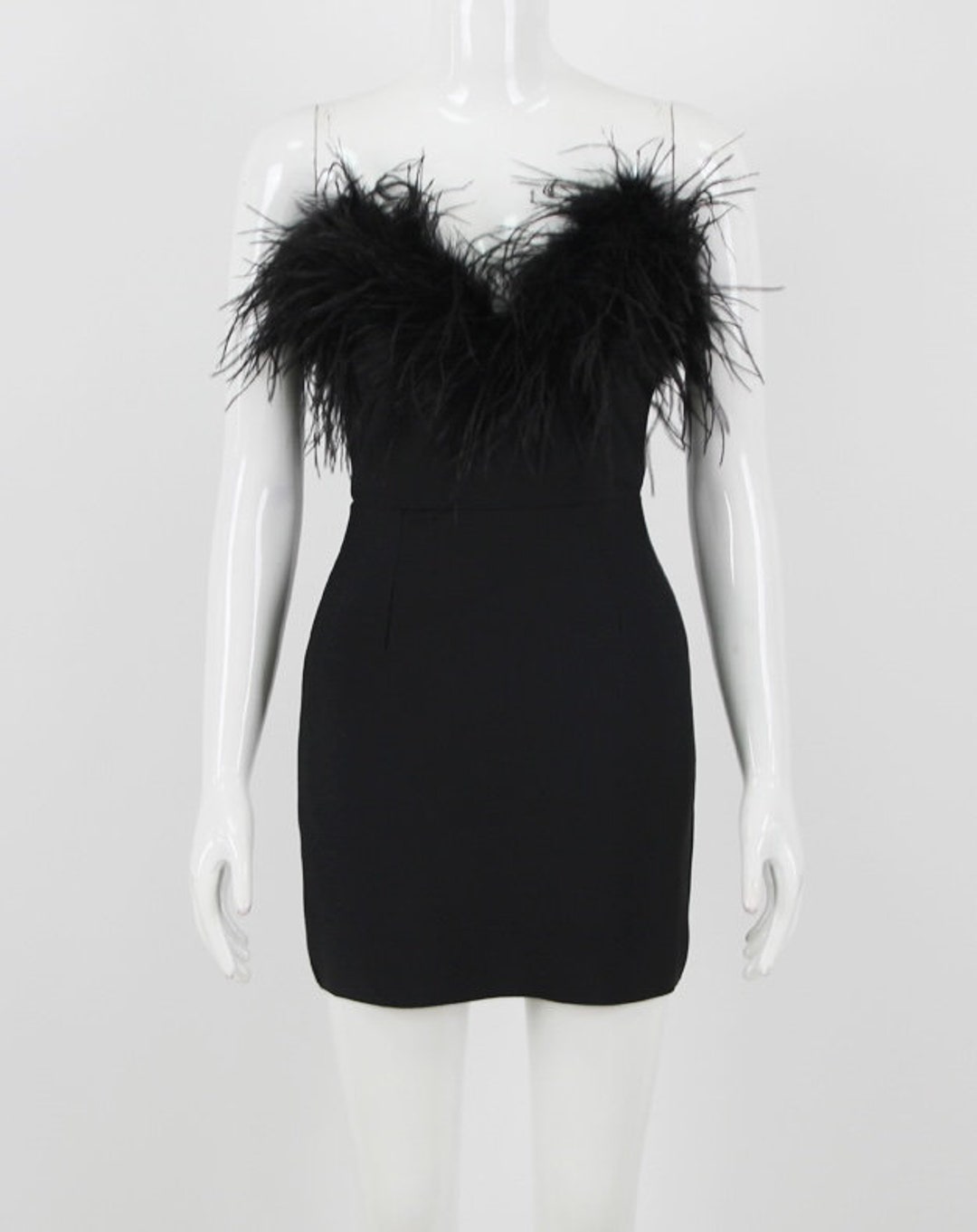 Black Strapless Feather Trim Mini Dress - Etsy