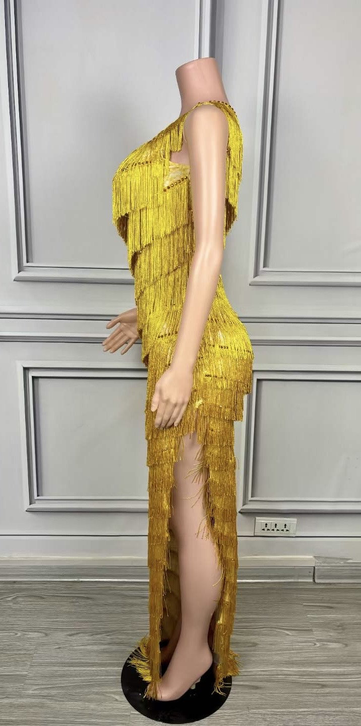 Gold One Shoulder Full Fringe Side Slit Maxi Dress Gold One Shoulder Full Fringe Side Slit Maxi Dress