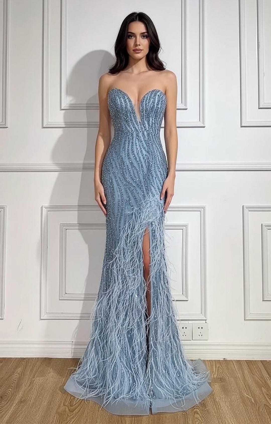 Sweetheart Neckline Lace-Up Back Ruffle Skirt Gown Dusty Blue
