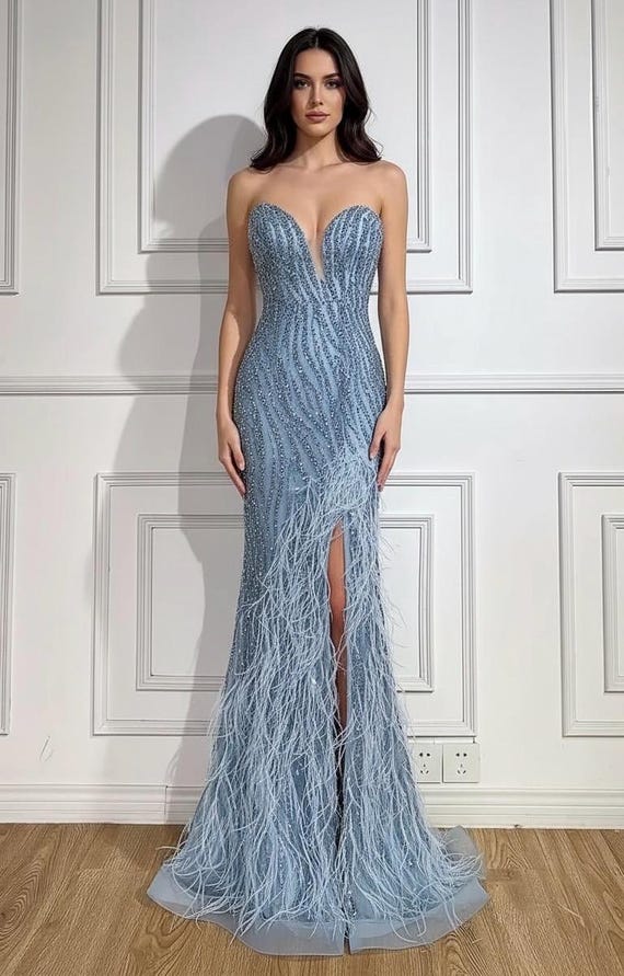 Blue Sleeveless Sweetheart Neckline Bead and Feather Embellished Side Slit  Gown - Etsy