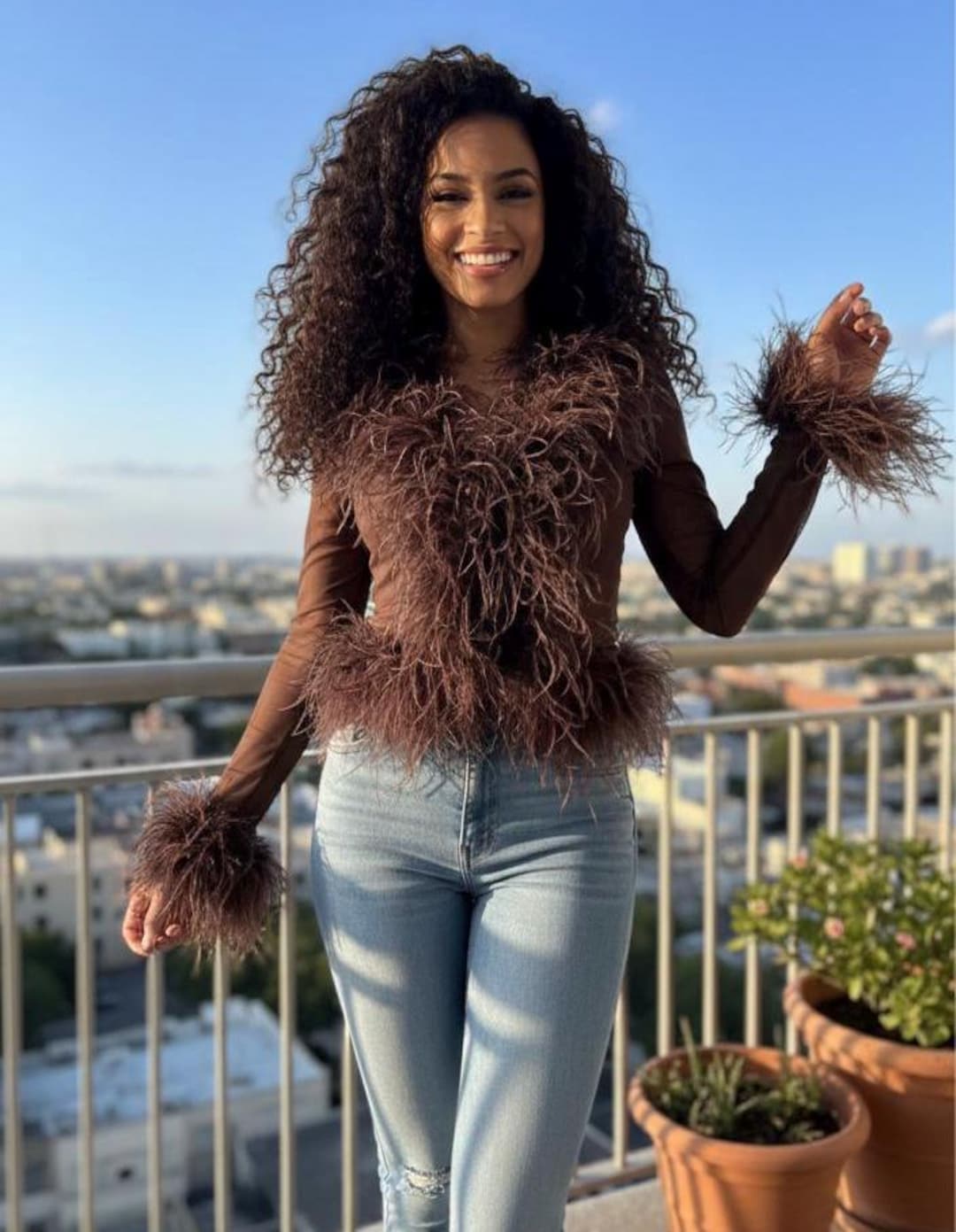 Chocolate Brown Sheer Long Sleeve Bolero With Ostrich Feather Trim