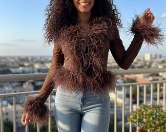 Chocolate Brown Sheer Long Sleeve Bolero with Ostrich Feather Trim on Collar and Sleeves - 7-10 Day Production Time