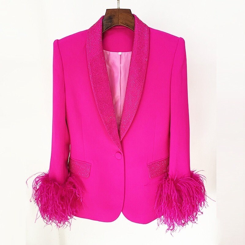 hot pink blazer dress with feathers Fuchsia Rhinestone Embellished and Feather Trim and Pants Set inv-287