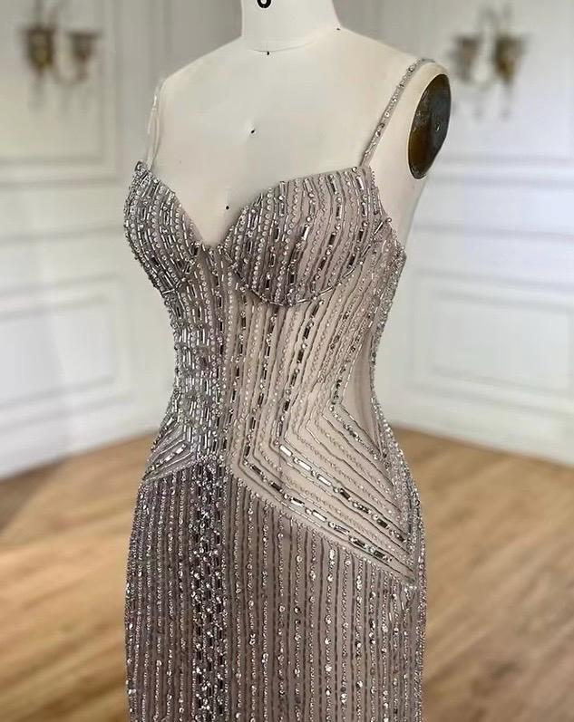DOUBLE BEADED STRAP Chiffon Gowns with Slit Champagne Plus Size