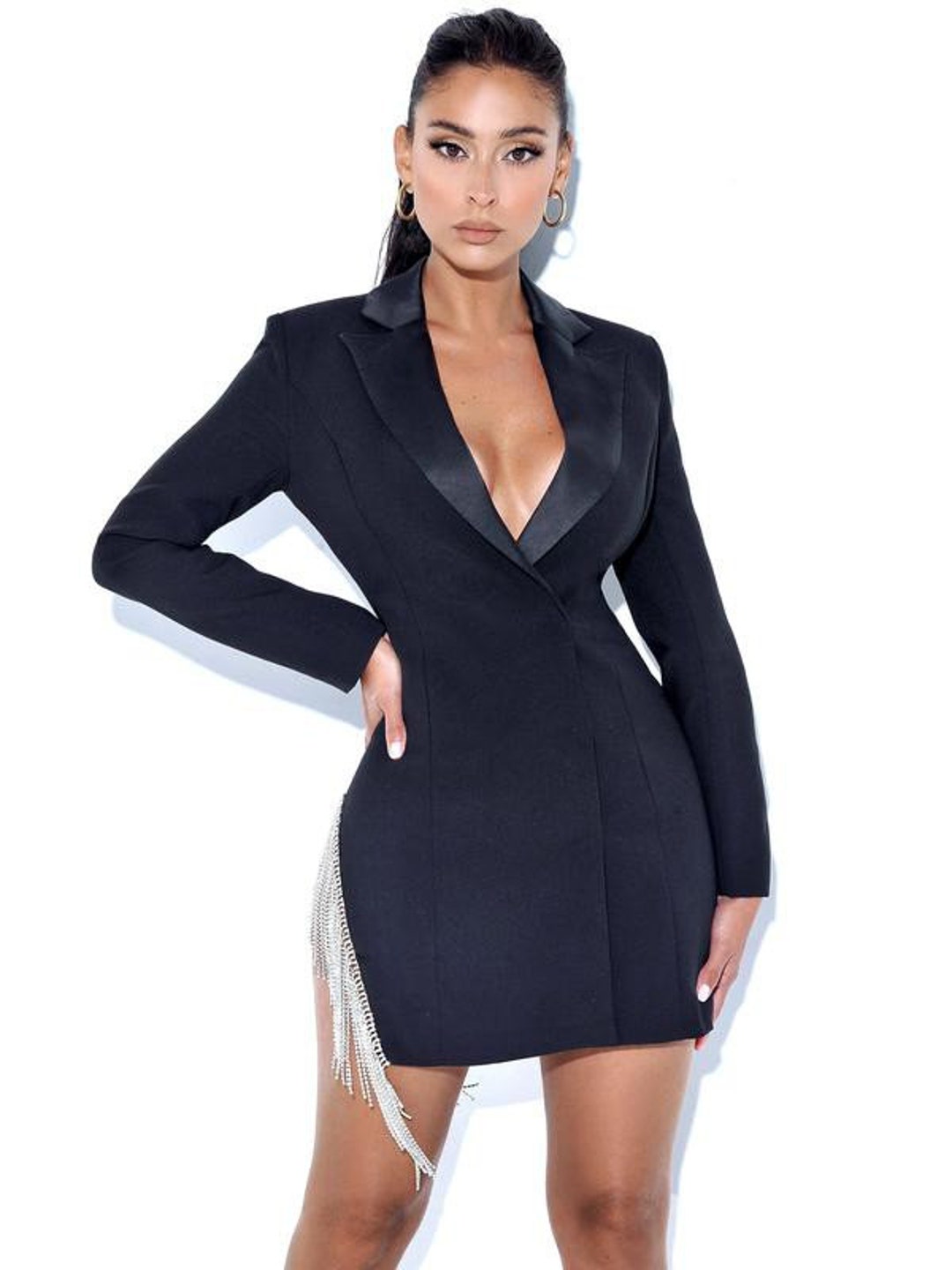 blue dress with black blazer Black Cropped Blazer with Black Midi Dress – Dalidaayach main image 0
