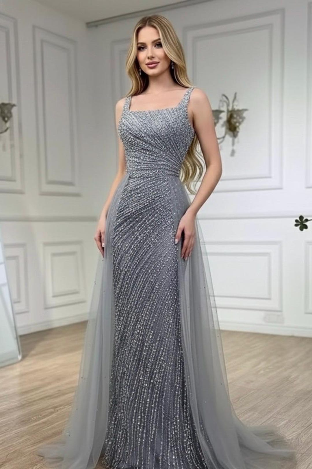 Pleated Off-the-Shoulder Sheath Floor-length Gown Silver