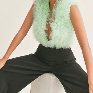 Mint Ruffled Tulle Plunging Neck Bodysuit