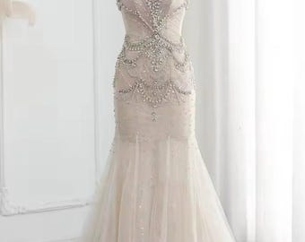 Ivory Pearl and Bead Embellished Corset Tie Mermaid Gown