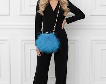 Teal Round Ostrich Feather Handbag - Custom Color