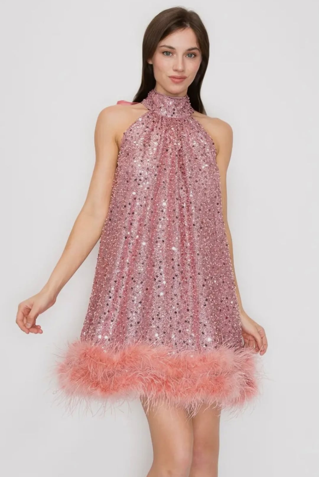 Rose Sequin and Pearl Mock Neck A Line Mini Dress With Ostrich