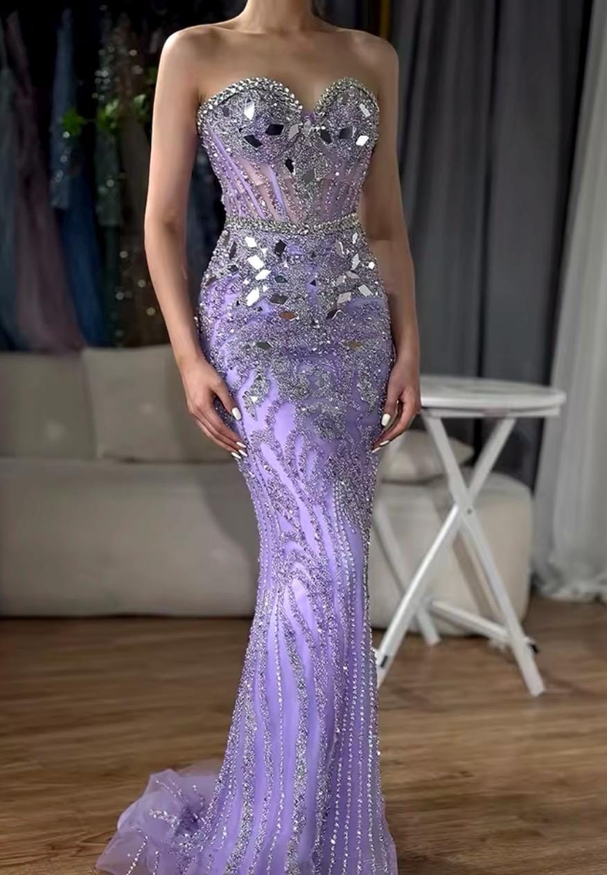 パーティードレス Rhinestone Embellished Purple Ombre Gown mermaid-sleeveless-dress-