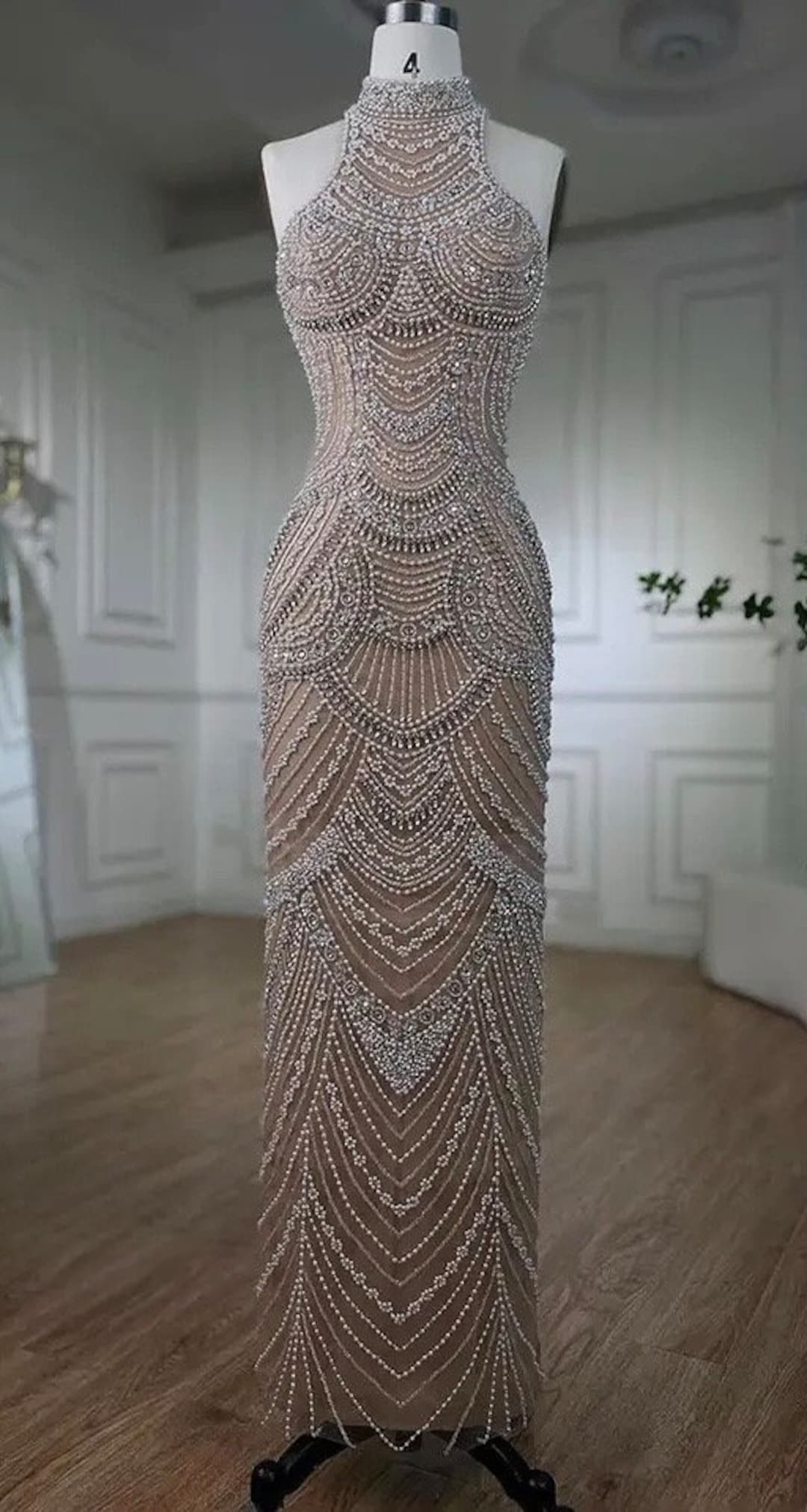 パーティードレス Ruffled Gown Embellished with Pearls Rhinestones Rhinestone and Pearl Embellished Halter Neck Maxi Gown - Etsy