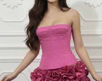 Strapless Sweetheart Neck Corset with Back Tie and Ruffle Mini Skirt Set