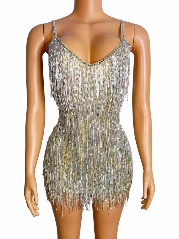 Rhinestone Fringe Back V Mini Dress - Etsy