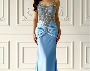 Dusty Blue Corset Dress, Swarovski Crystal Beaded Gown - Etsy