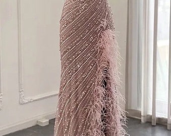 Blush One Shoulder Sequin Ostrich Feather Trim High Slit Gown