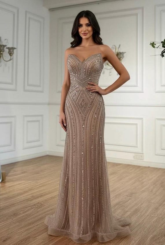 Champagne Sleeveless V Neck Rhinestone Bead Embellished Gown