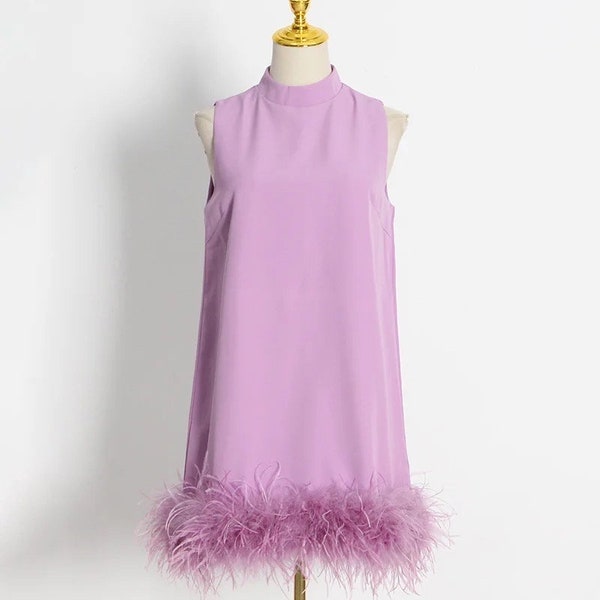 Colorful Sleeveless Chiffon Mock Neck Mini Dress with Ostrich Feather Trim