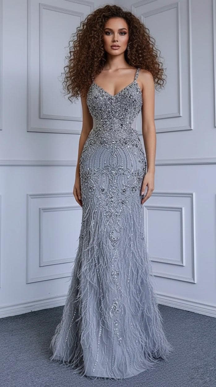 silver grey evening dresses Grey A Line V Neck Long Appliques Tulle Prom Dress, Gray Split Long Evening  Dress UQ2236 main image 1