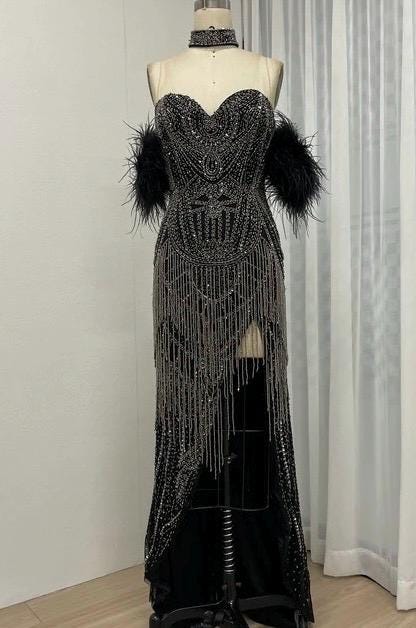 Off Shoulder Ostrich Feather Sleece Halter Sweetheart Neck