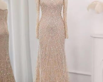 Pearl, Sequin and Bead Embellished Long Sleeve Off Shoulder Maxi Gown