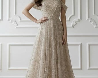 Pearl, Sequin and Bead Embellished Draped Off Shoulder Flowing ALine Gown