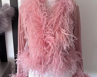 Pink Sheer Long Sleeve Bolero With Ostrich Feather Trim on Pink Sheer Long Sleeve Bolero With Ostrich Feather Trim on