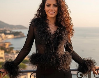 Black Sheer Long Sleeve Bolero with Ostrich Feather Trim on Collar and Sleeves - 7-10 Day Production Time