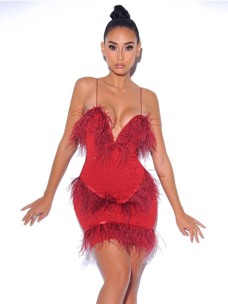 Red Crystal Feather Mini Dress - FINAL SALE!