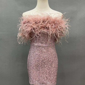 Blush Pink Sequin Mini Dress with Ostrich Feather Trim - FINAL SALE!