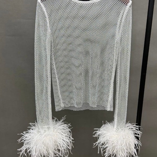 Crystal Rhinestone Mesh Top with Ostrich Feather Trim