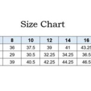 May include: Size chart for clothing with measurements in inches for bust, waist, and hip. Sizes range from 2 to 24.