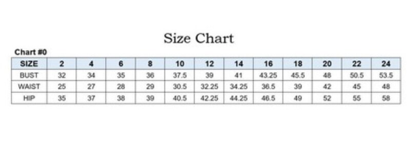 May include: Size chart for clothing with measurements in inches for bust, waist, and hip. Sizes range from 2 to 24.