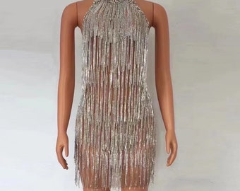 Rhinestone Fringe Embellished Halter Mini Dress