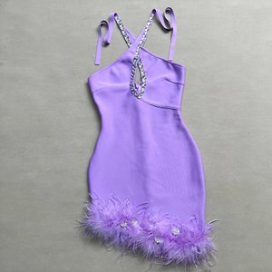 Rhinestone Keyhole Halter Feather Trim Mini Bandage Dress image 3