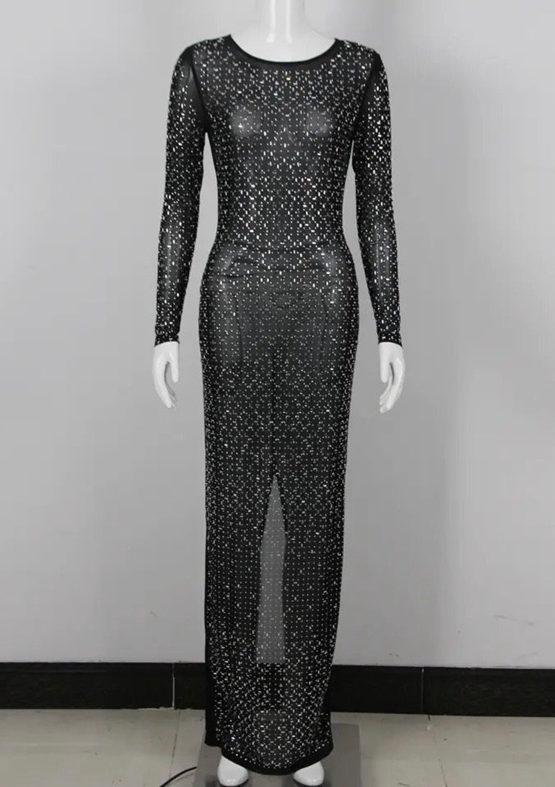 Rhinestone Embellished Mesh Maxi Dress Etsy
