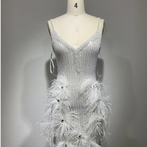 Sequin, Pearls and Feather Embellished Mini Dress