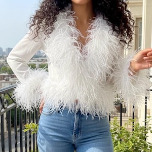 White Sheer Long Sleeve Bolero with Ostrich Feather Trim on Collar and Sleeves - 2-3 Week Production Time