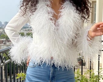 White Sheer Ostrich Feather Trim Bolero