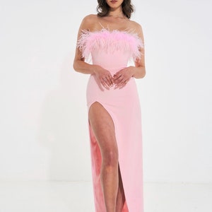 Pink Feather Trim High Slit Maxi Dress - FINAL SALE!
