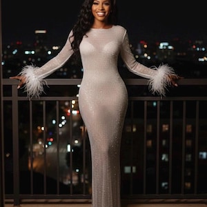 Long Sleeve Rhinestone Mesh Dress - Etsy