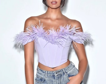 Lavender Off Shoulder Feather Trim Corset Top - FINAL SALE!