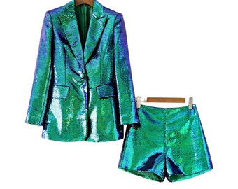 Teal Sequin Blazer and Short Set