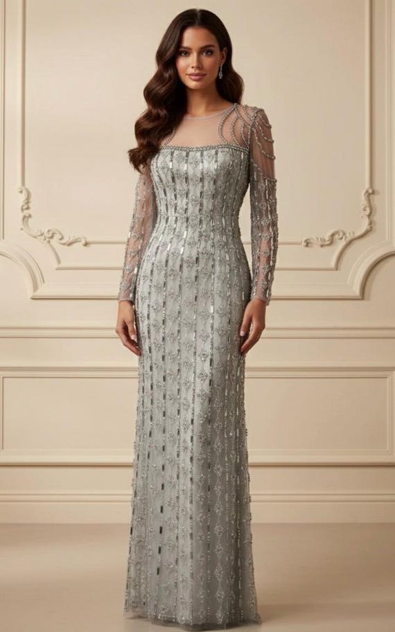 Sage Green Long Sleeve Rhinestone Embellished Maxi Gown - Etsy