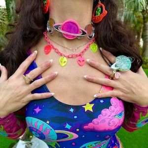 Handmade Alien Charm Choker: Black Light Reactive Rave Necklace