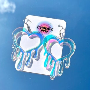 Melting Heart/ Gift for her Earrings/ Trippy Iridescent Earrings/ Unique Lightweight Earrings/ Neon Pink Heart Earrings/ Valentine Earring/