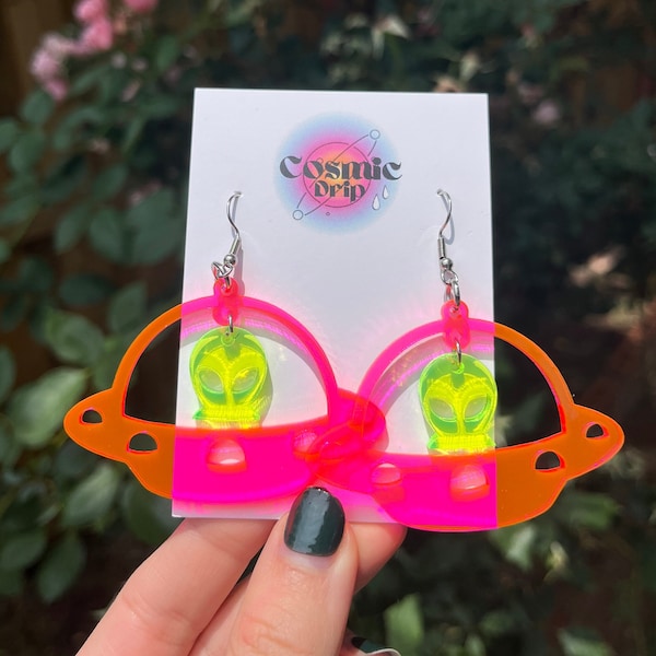 UFO Alien Earrings/ Rave Festival Earrings/ Spaceship Neon Pink Earrings/ Extraterrestrial Earrings